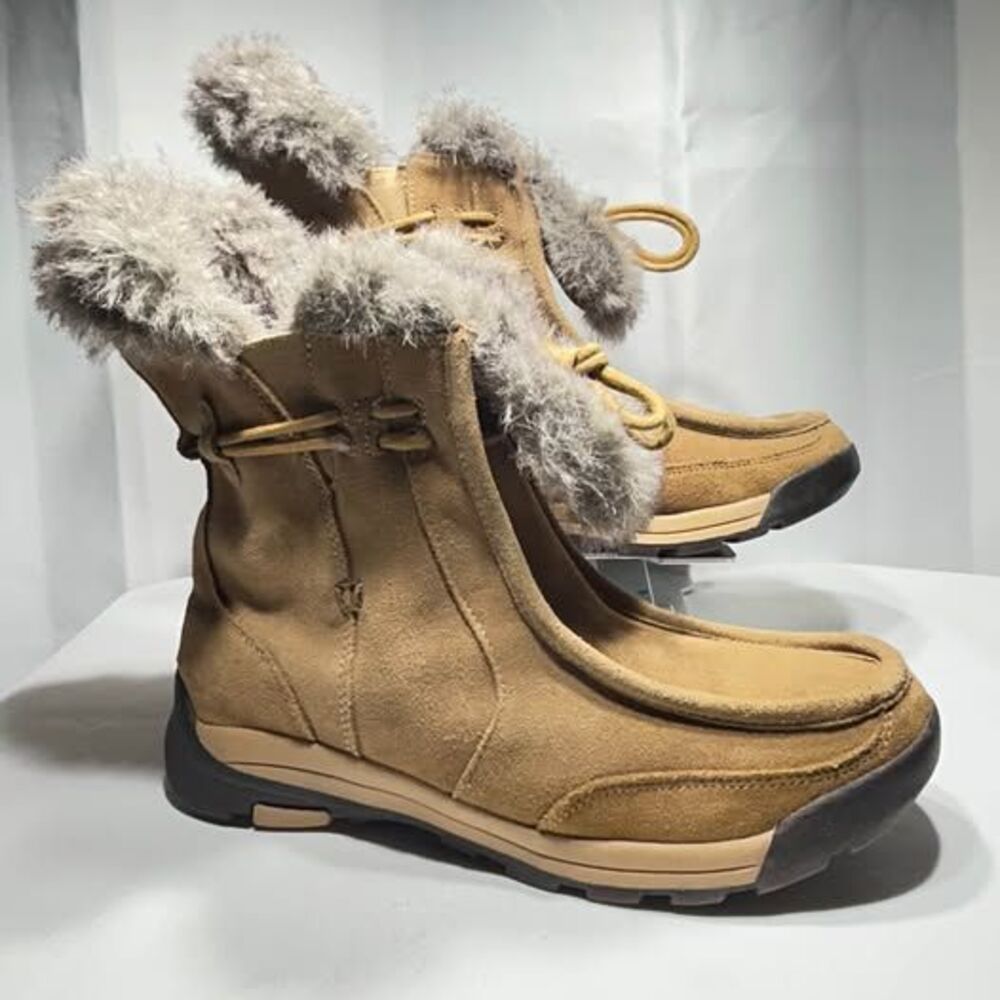 Lands' End Suede Faux Fur Winter Boots Womens 8.5 Beige Tan Cold Weather